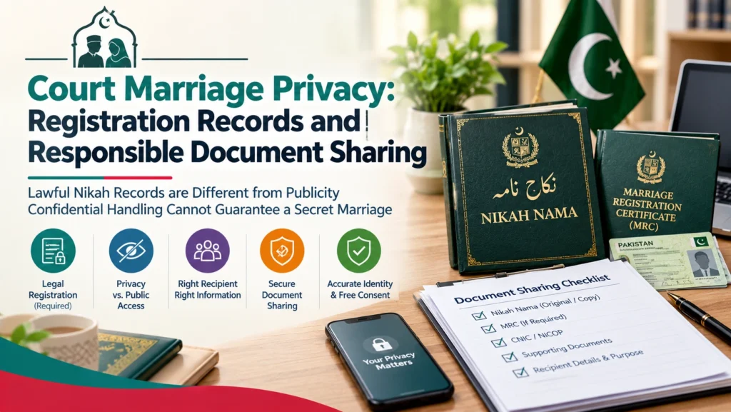 Closed document folder, blank working copy and phone arranged for careful sharing of marriage papers